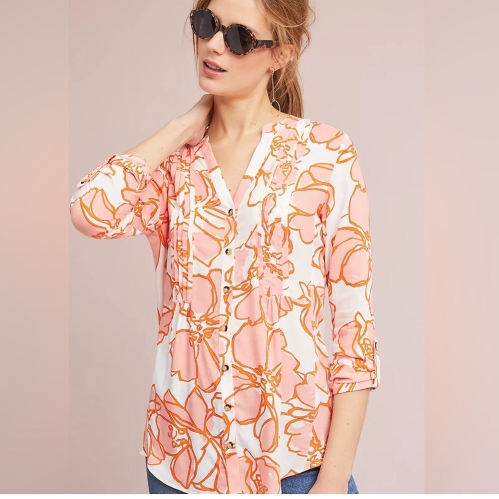 Anthropologie Maeve Floral Pin-Tucked Button Down Blouse Orange Size Medium